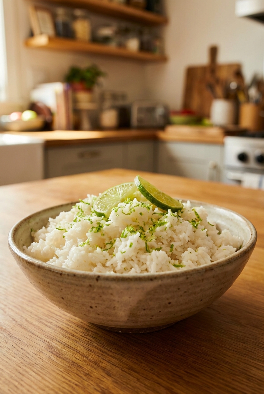 Bowl of coconut rice with lime zest on top