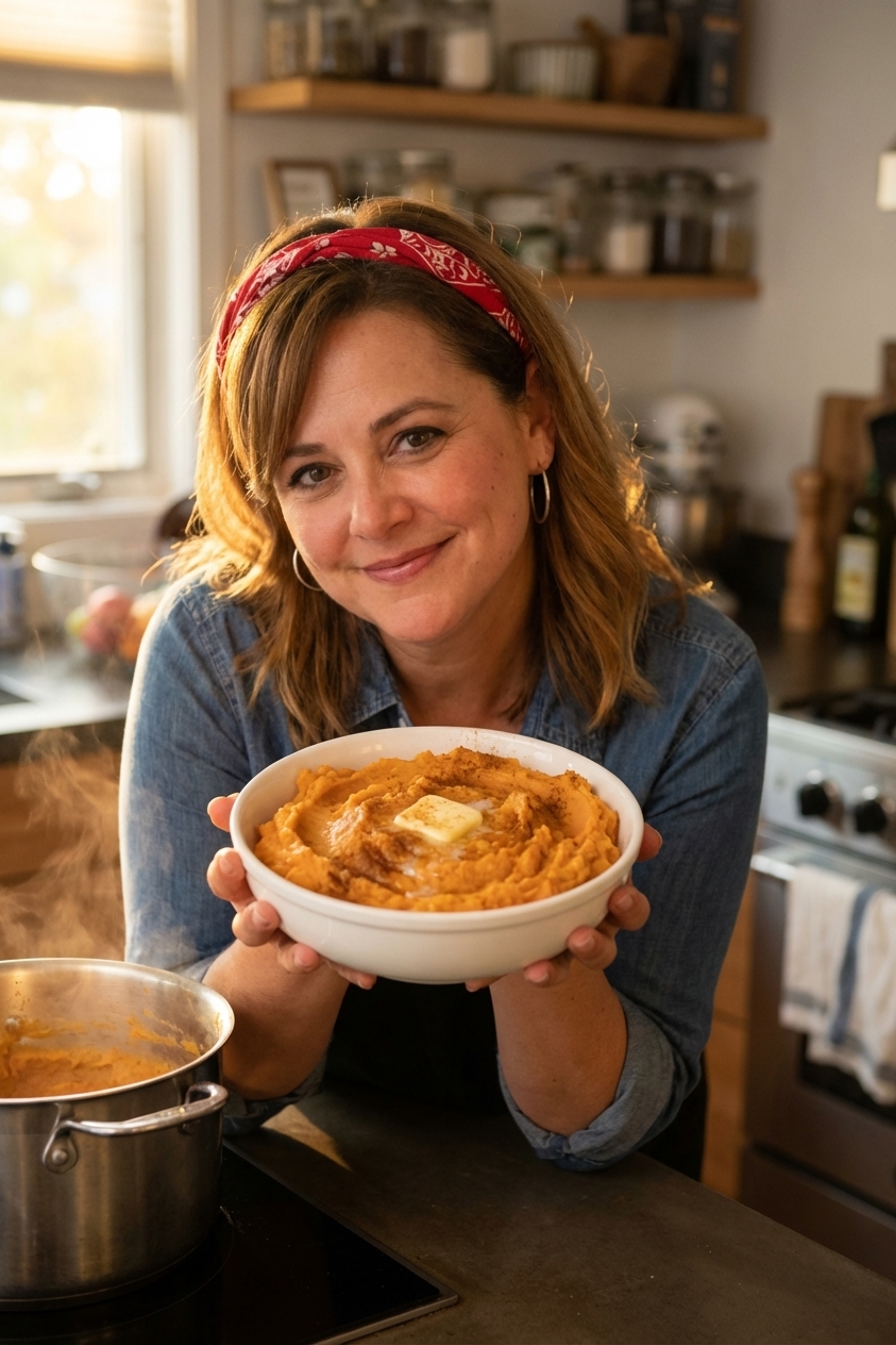 Bowl of creamy mashed sweet potatoes with butter and cinnamon beside a pot on a home kitchen counter in warm evening light