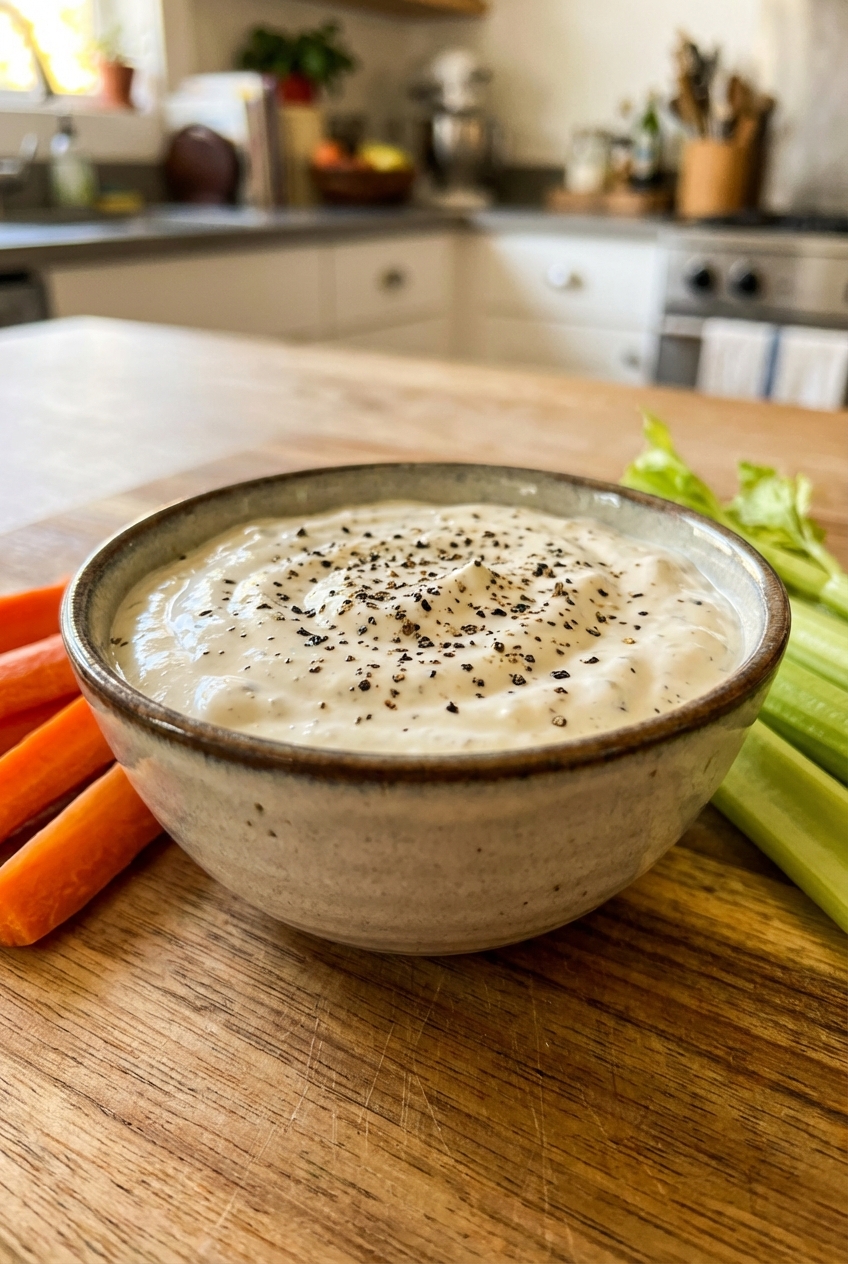 Bowl of creamy ranch dip with cracked black pepper