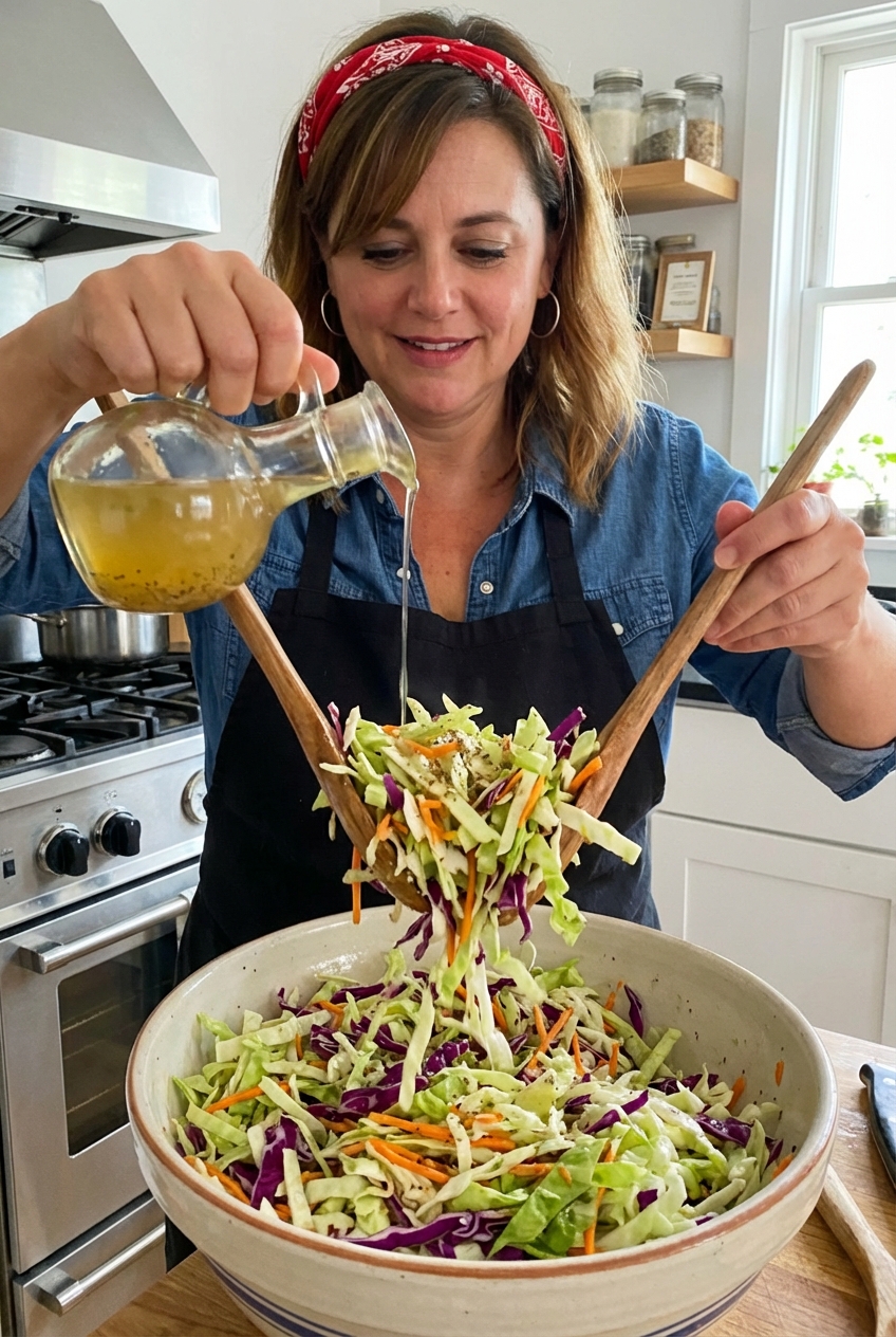 Bowl of crisp cabbage slaw being tossed with a light vinegar dressing