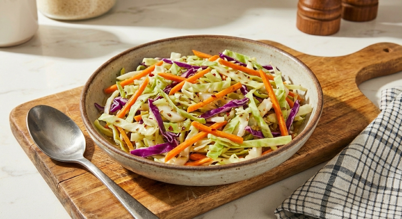 Bowl of crunchy vinegar slaw with shredded cabbage and carrots