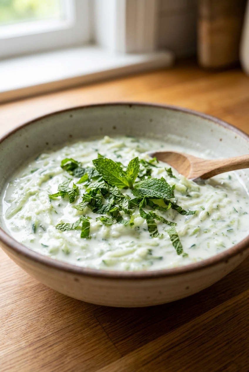 Bowl of cucumber mint raita topped with chopped mint