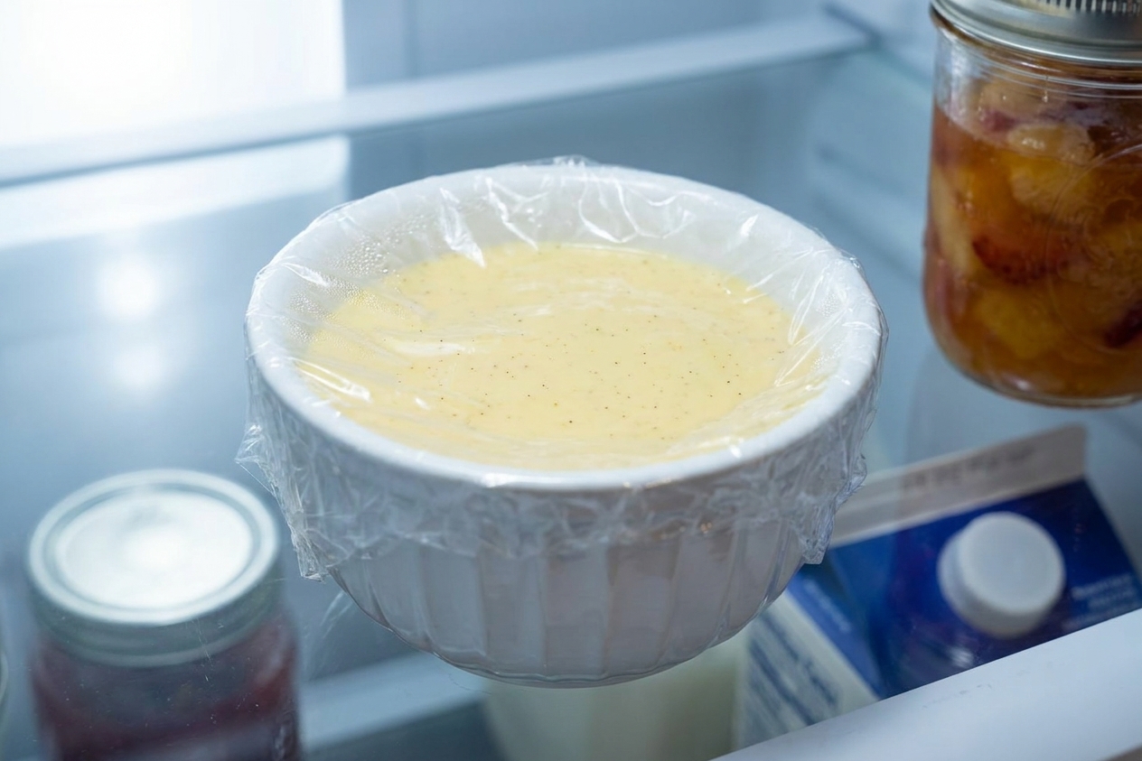 Bowl of custard with plastic wrap pressed directly on the surface, ready to chill on a refrigerator shelf