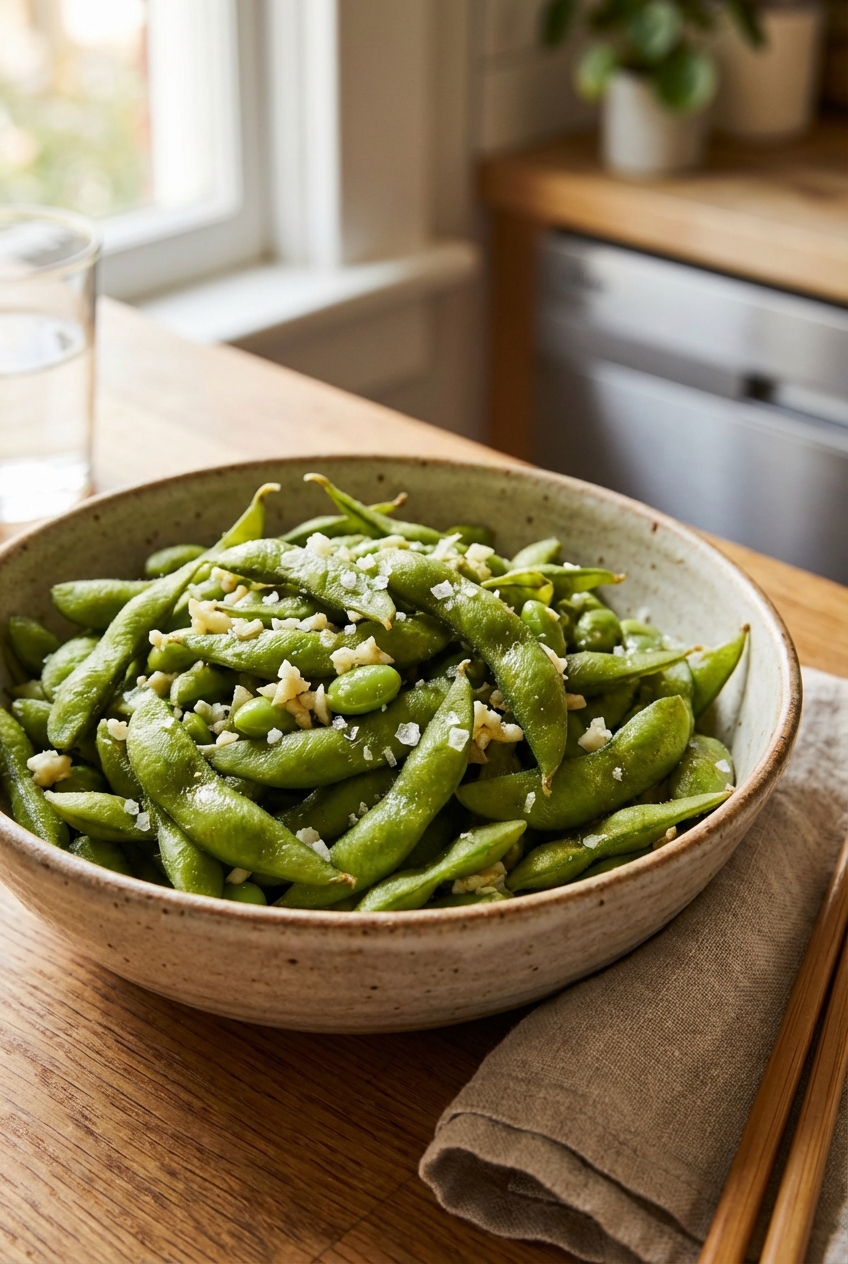 Bowl of edamame seasoned with garlic and flaky salt