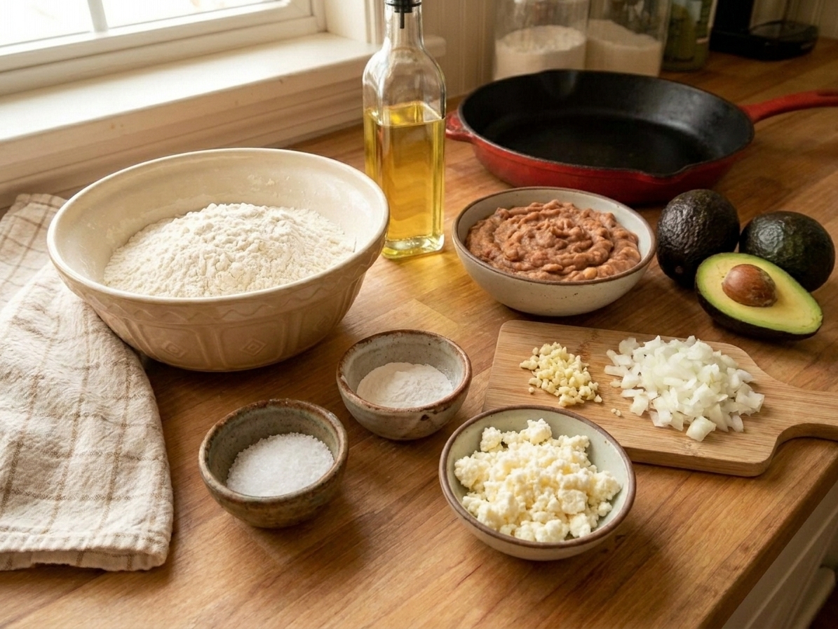 Bowl of flour, small bowls of salt and baking powder, oil, cooked beans, chopped onion, garlic, queso, and avocados arranged on a kitchen counter in natural light