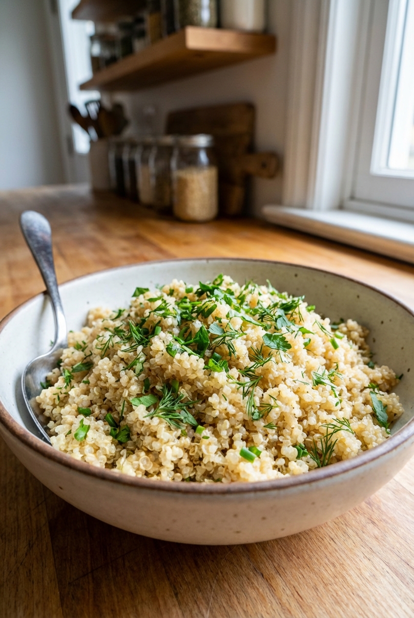 Bowl of fluffy quinoa with chopped herbs and a spoon on the side