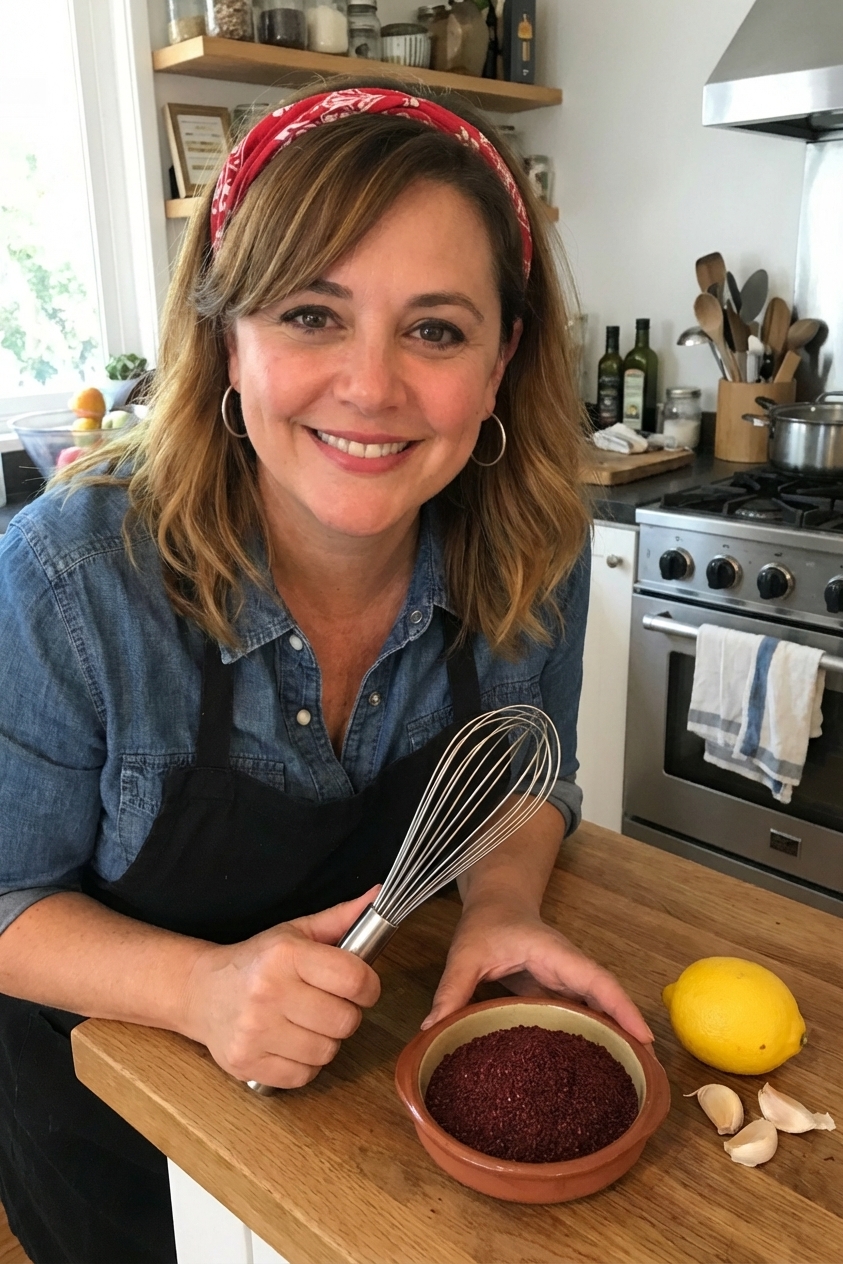 Bowl of ground sumac with a lemon and garlic nearby on a kitchen counter