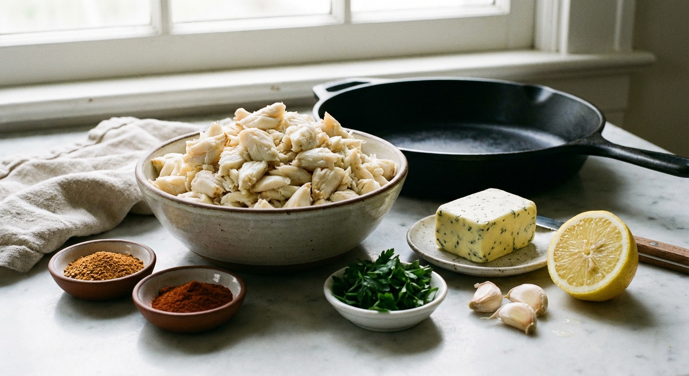 Bowl of lump crab meat next to spices, butter, garlic, and a halved lemon on a kitchen counter