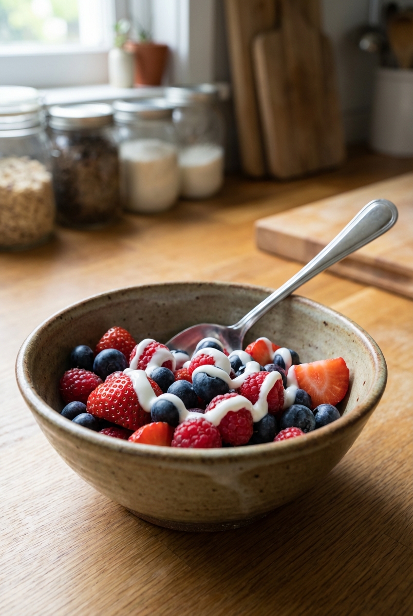 Bowl of mixed berries with a spoon and a small drizzle of yogurt
