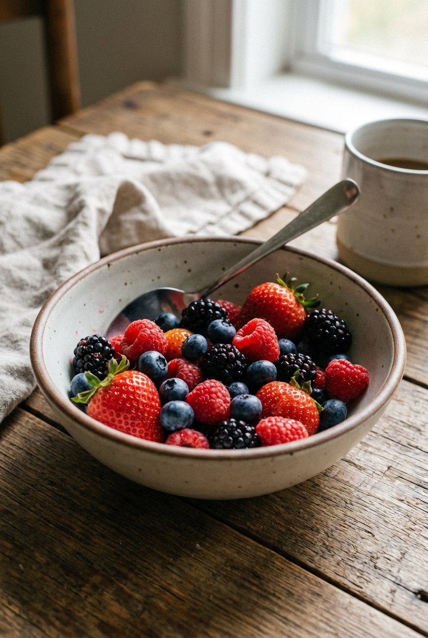Bowl of mixed berries with a spoon
