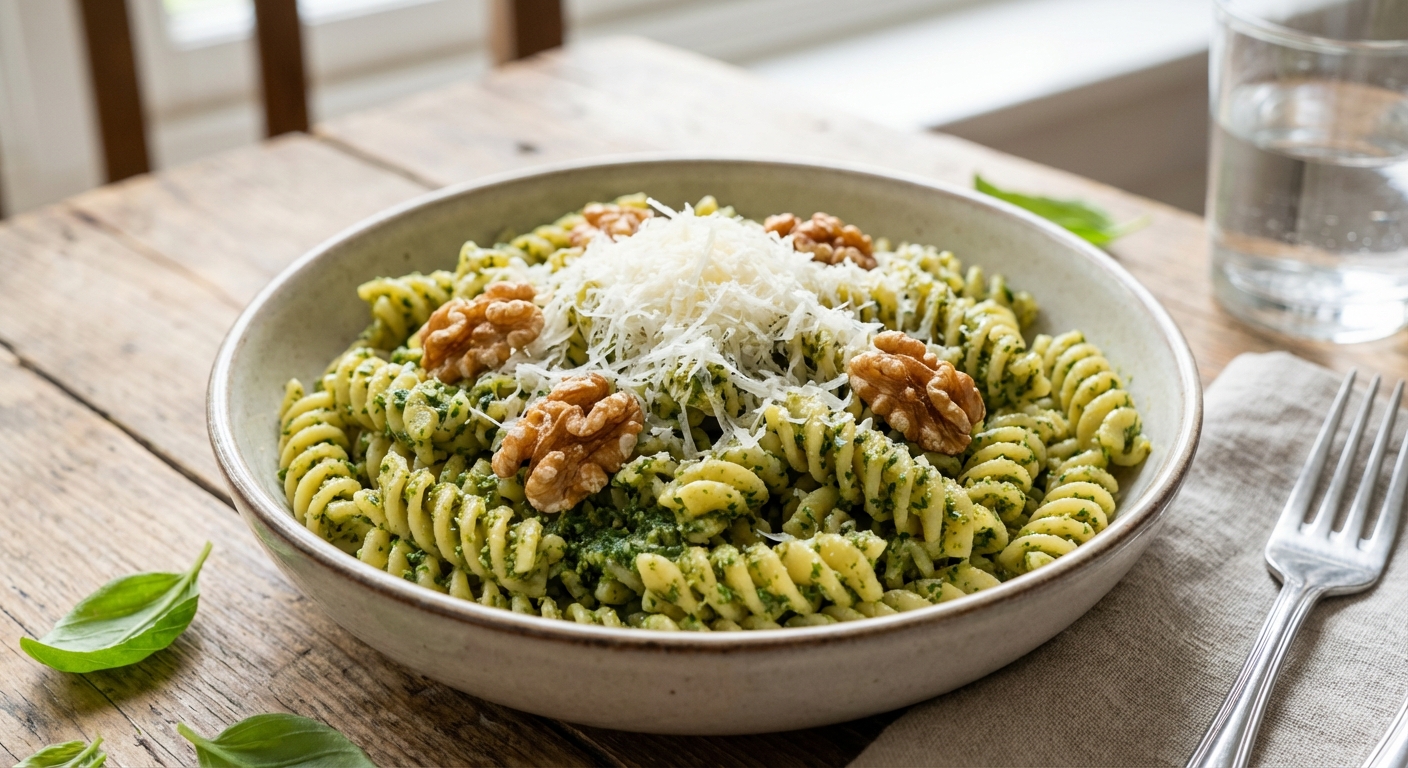 Bowl of pasta tossed in vibrant green herb and walnut pesto, topped with grated Parmesan and toasted walnuts on a wooden table in natural light