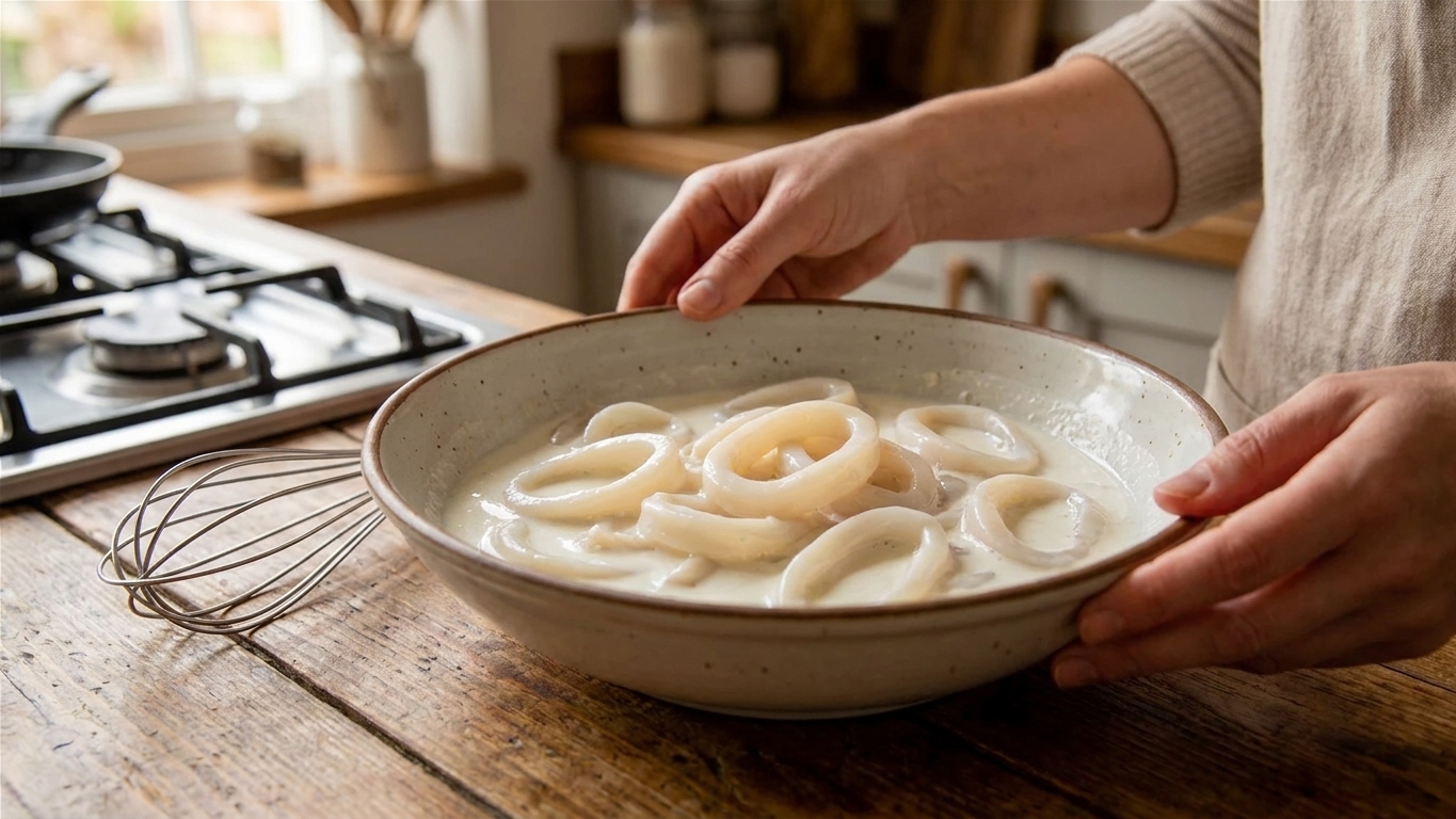 Bowl of squid rings soaking in buttermilk on a kitchen counter with a whisk nearby