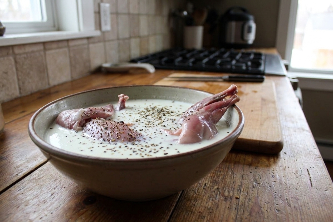Bowl of squirrel pieces soaking in buttermilk with black pepper on a kitchen counter