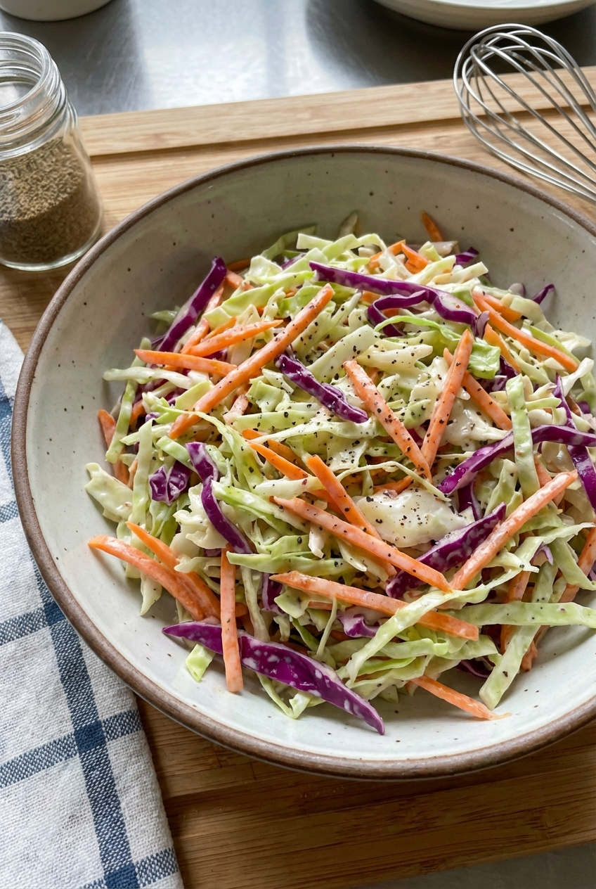 Bowl of tangy coleslaw with shredded cabbage and carrots