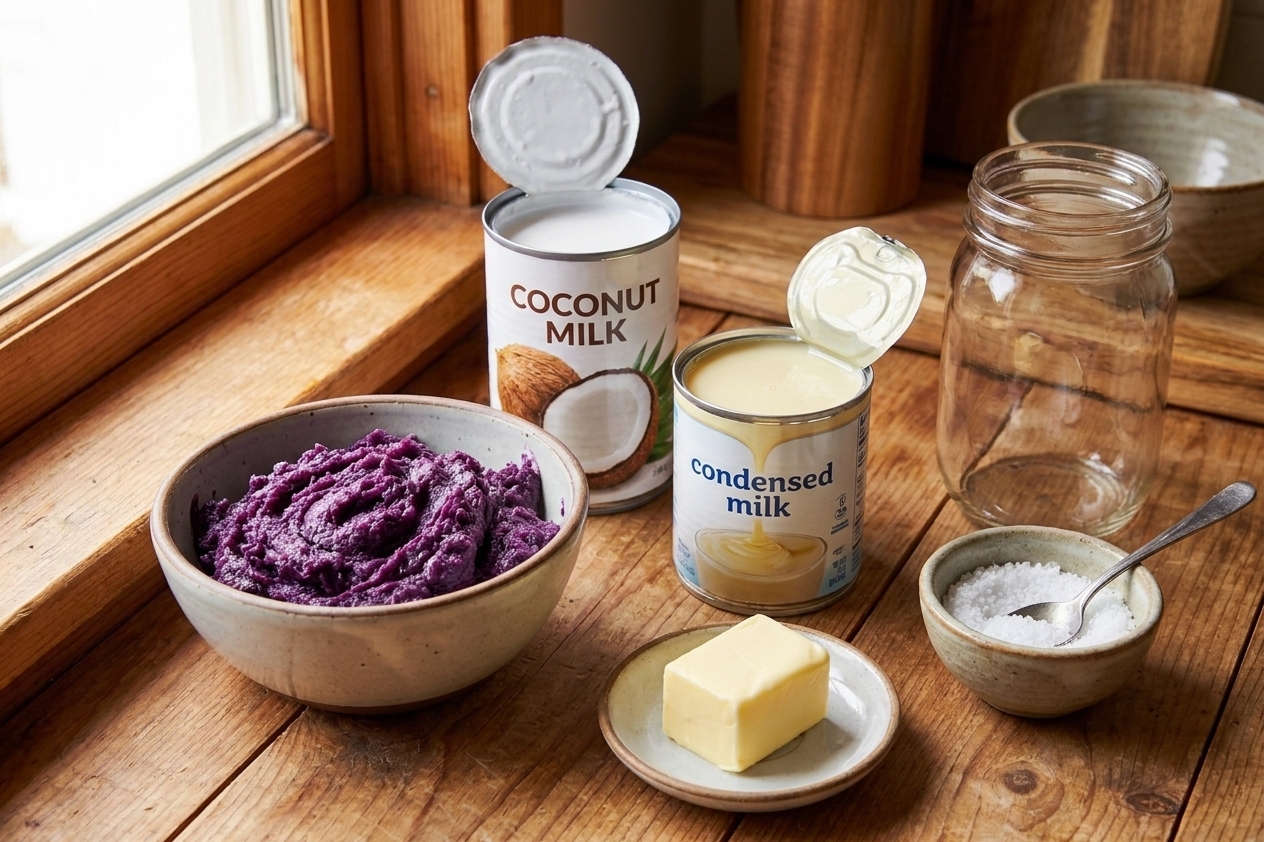 Bowls and cans of coconut milk, condensed milk, butter, salt, and thawed grated ube arranged on a bright kitchen counter