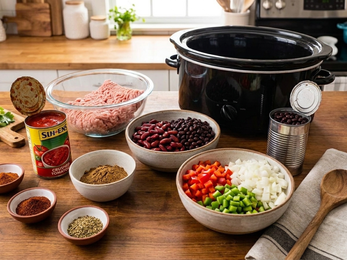 Bowls and cans of ingredients for turkey chili on a kitchen counter including ground turkey, beans, crushed tomatoes, diced onion, bell pepper, and spices