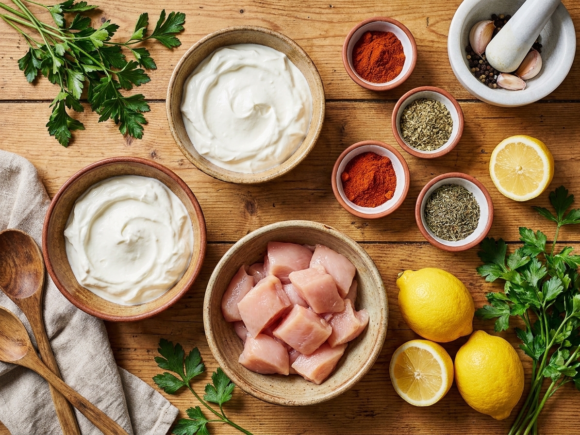 Bowls of Greek yogurt, spices, lemon, garlic, and cubed chicken arranged on a bright kitchen counter