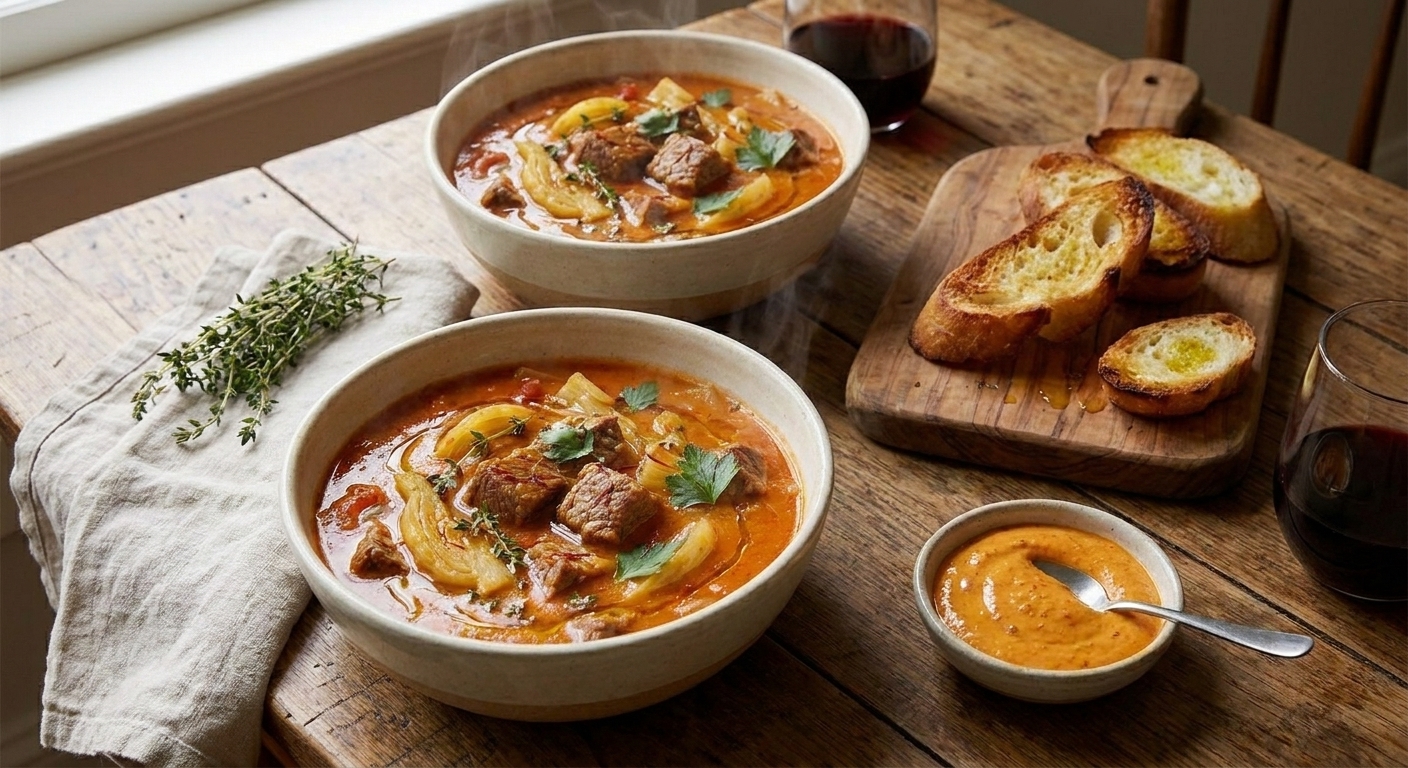 Bowls of beef bouillabaisse-style stew on a dinner table with toasted bread and a small bowl of rouille nearby