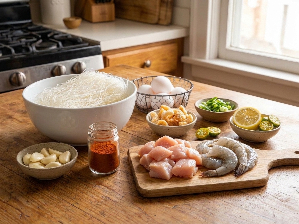 Bowls of bihon rice noodles, garlic, annatto powder, chicken, shrimp, eggs, scallions, chicharrón, and citrus arranged on a bright kitchen counter