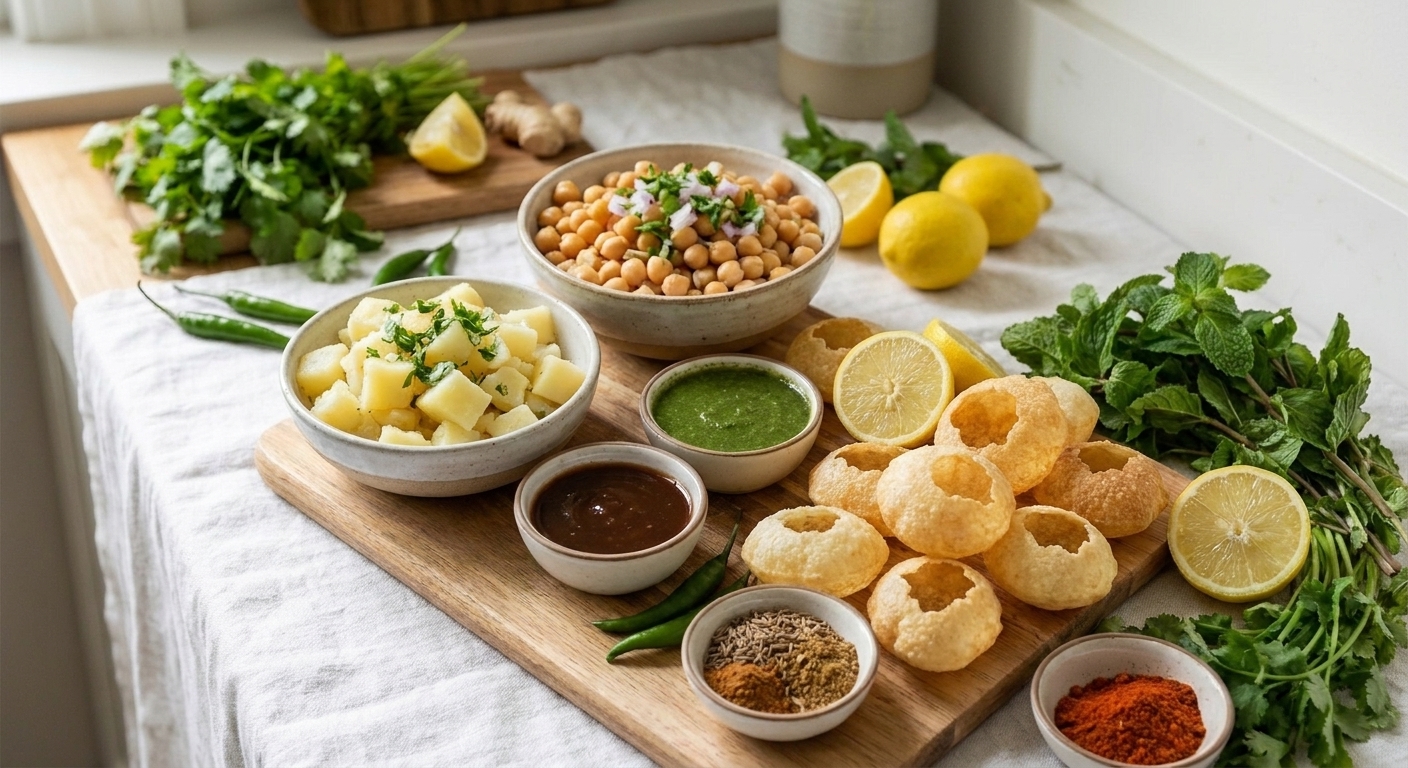 Bowls of boiled potatoes, cooked chickpeas, fresh cilantro, fresh mint, green chilies, lemons, tamarind chutney, spices, and crisp puri shells arranged on a clean kitchen counter