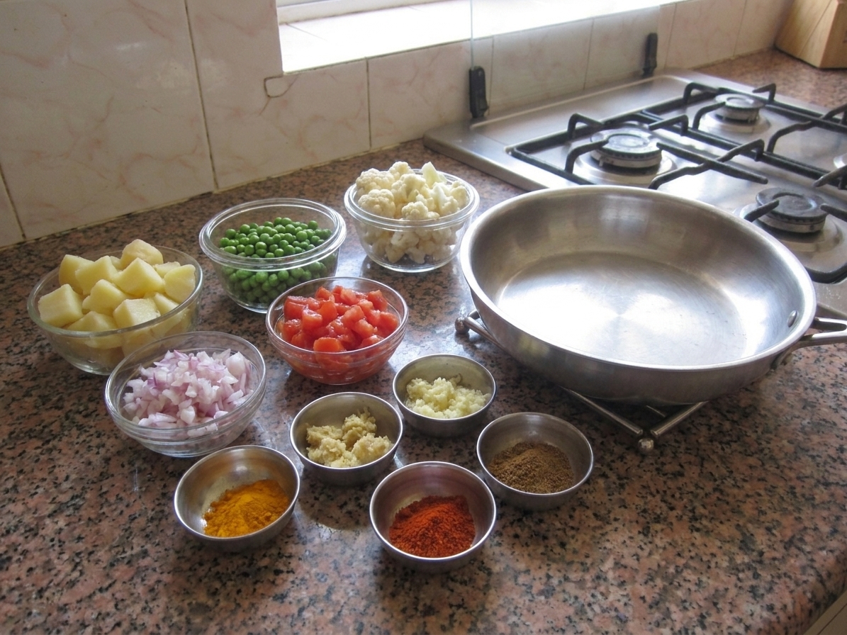 Bowls of boiled potatoes, peas, chopped cauliflower, diced tomatoes, chopped onions, ginger, garlic, and spices arranged on a bright kitchen counter with a skillet nearby