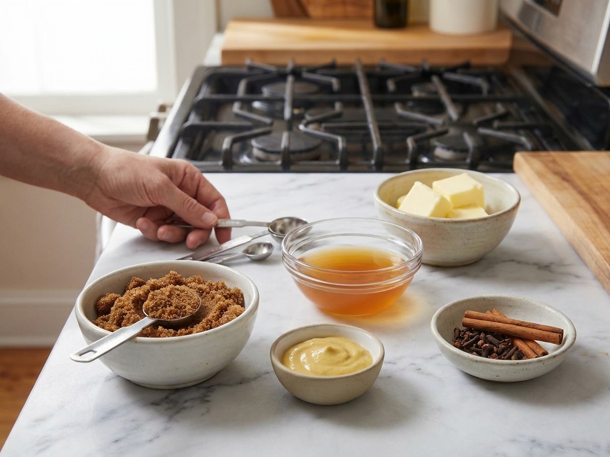 Bowls of brown sugar, Dijon mustard, apple cider vinegar, butter, and spices arranged on a kitchen counter with measuring spoons