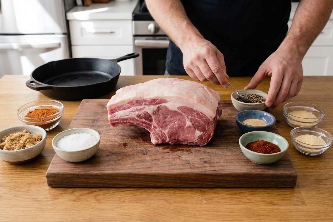 Bowls of brown sugar, kosher salt, black pepper, paprika, garlic powder, and onion powder arranged on a kitchen counter beside a raw pork shoulder