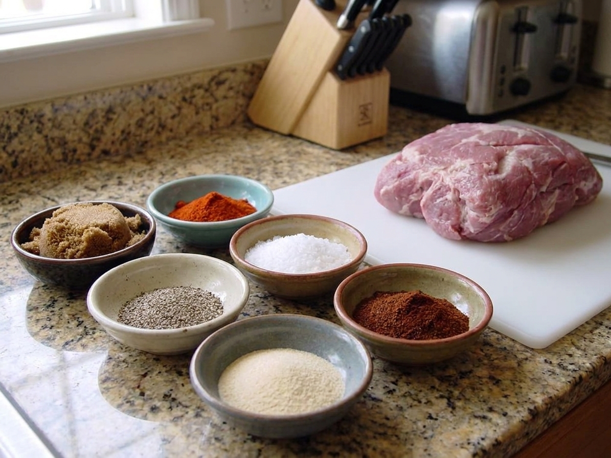 Bowls of brown sugar, paprika, kosher salt, black pepper, garlic powder, and chili powder arranged on a kitchen counter next to a raw pork shoulder