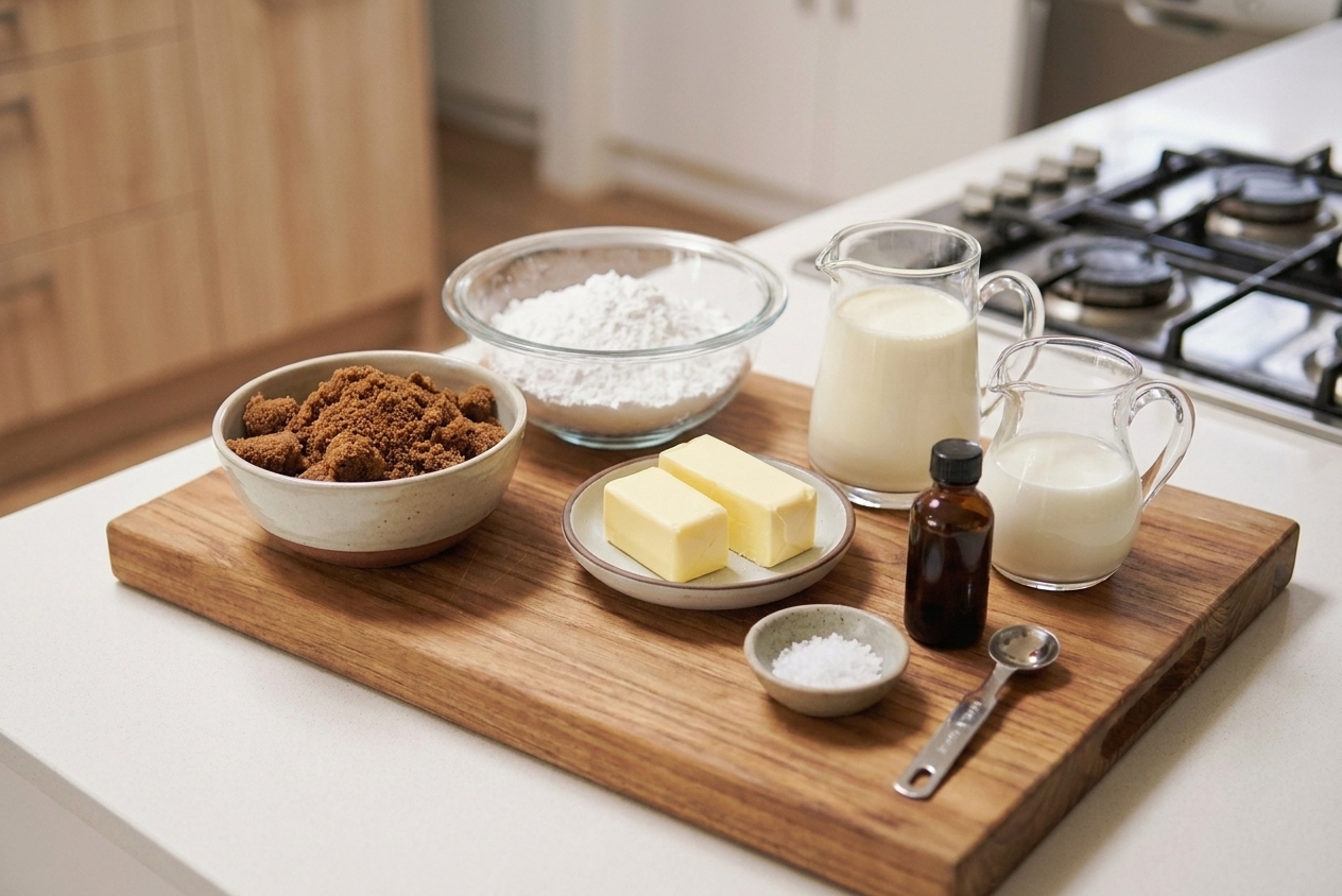 Bowls of brown sugar, powdered sugar, butter, cream, milk, salt, and vanilla laid out on a wooden counter, ready to make caramel icing