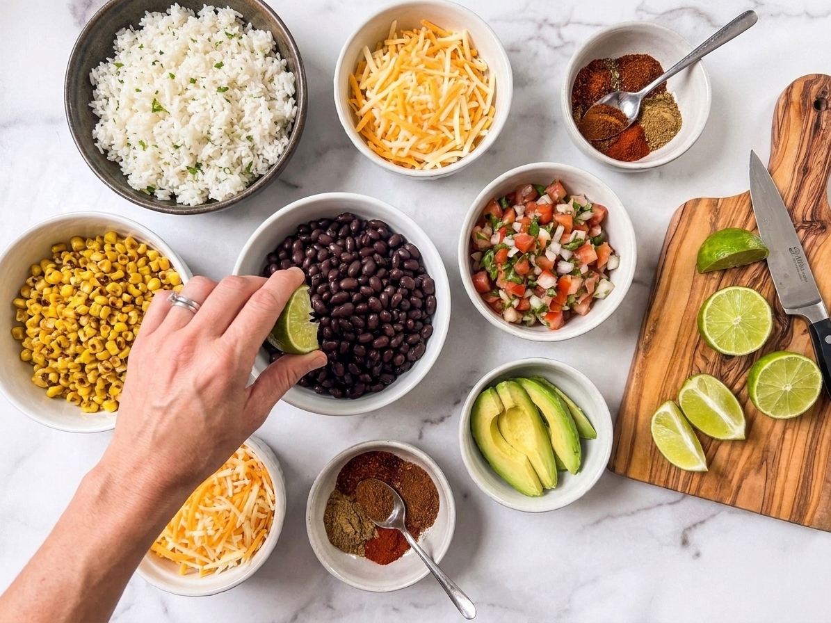 Bowls of burrito bowl ingredients on a kitchen counter including cooked rice, black beans, corn, pico de gallo, shredded cheese, sliced avocado, lime, and spices