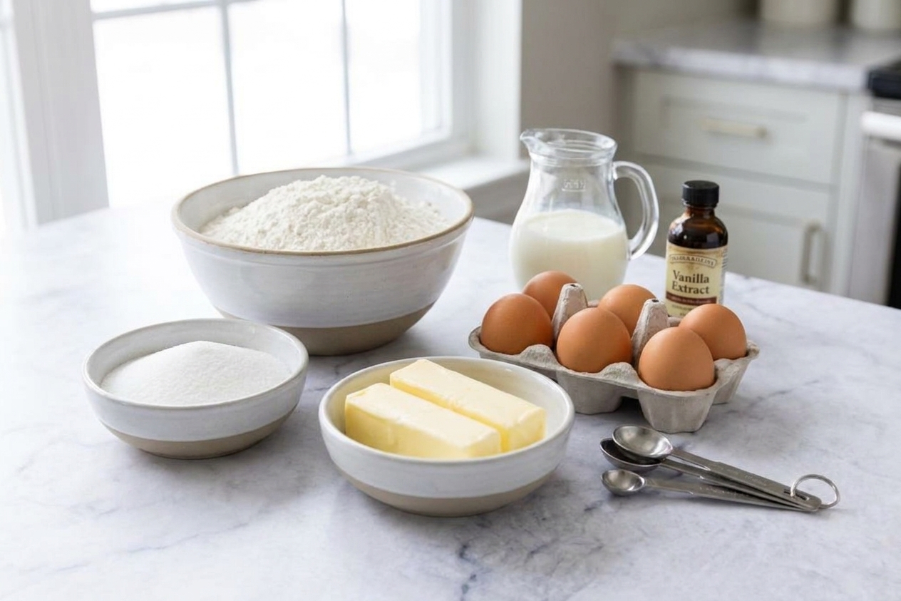 Bowls of cake flour, sugar, butter, eggs, buttermilk, and vanilla arranged on a clean kitchen counter with measuring spoons