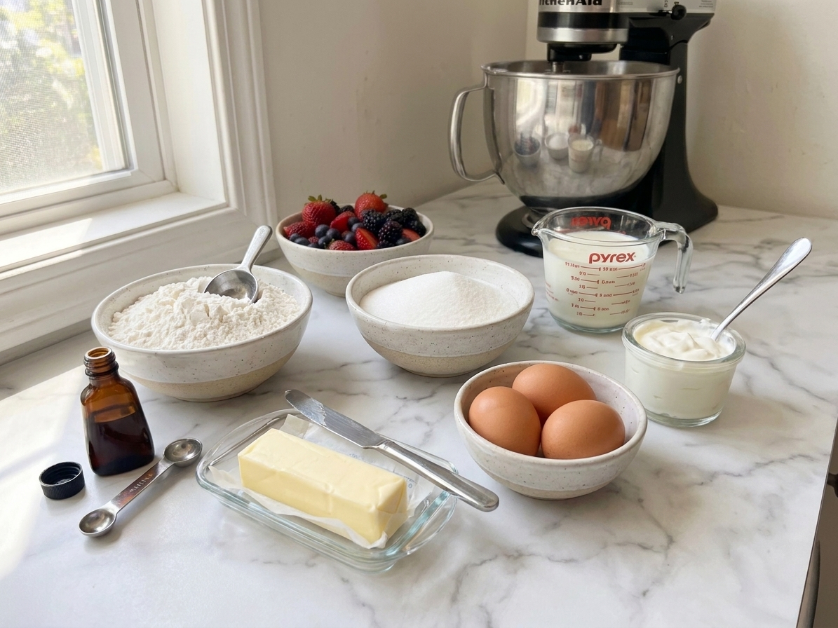 Bowls of cake flour, sugar, butter, eggs, buttermilk, sour cream, and vanilla arranged on a light kitchen counter