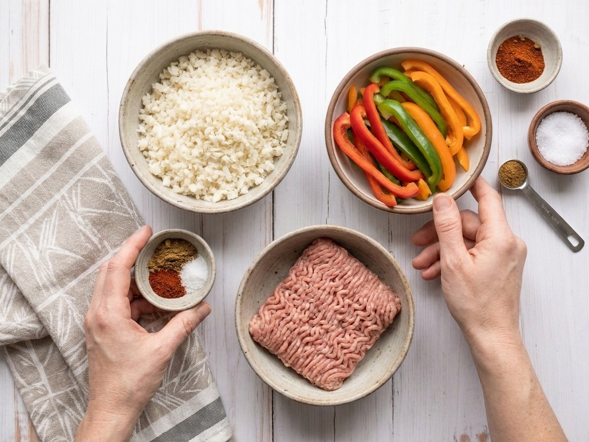 Bowls of cauliflower rice, sliced bell peppers, and raw ground turkey arranged on a clean kitchen counter with small dishes of spices