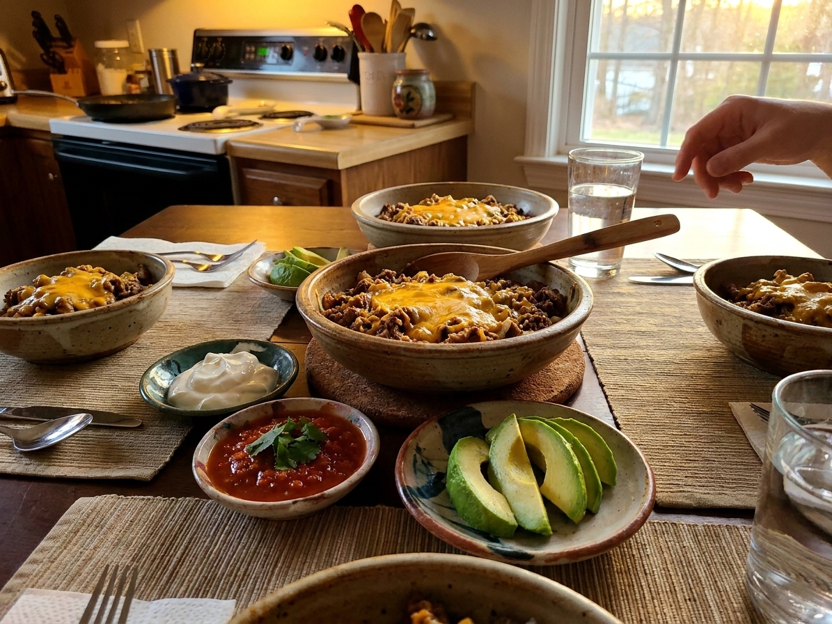 Bowls of cheesy taco rice on a family dinner table with small dishes of sour cream, salsa, and avocado nearby in warm evening lighting