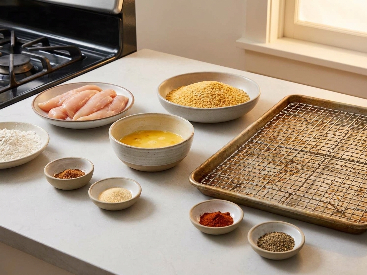 Bowls of chicken tenderloins, breadcrumbs, eggs, flour, and spices arranged on a clean kitchen counter with a sheet pan nearby, consistent warm kitchen lighting