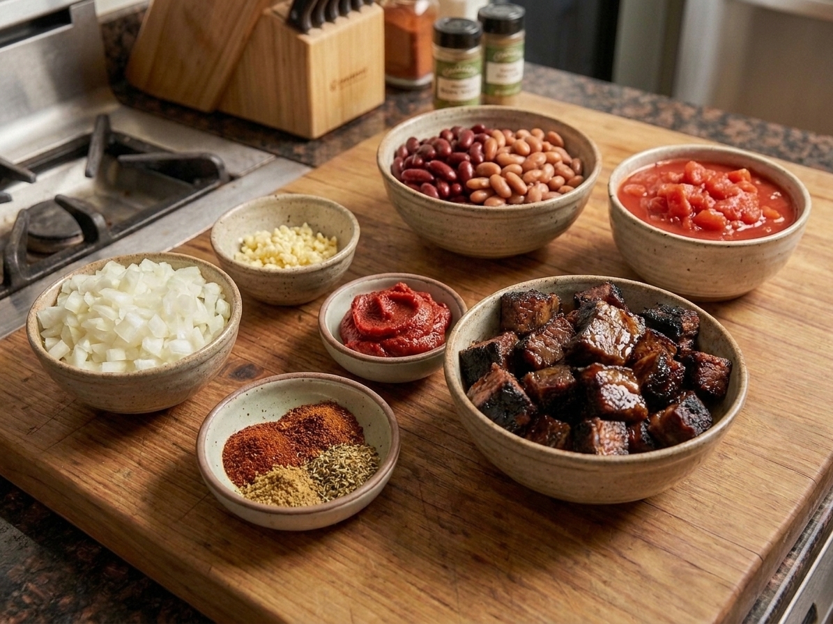 Bowls of chili ingredients on a kitchen counter including diced onions, garlic, ground spices, tomato paste, canned beans, canned tomatoes, and cubed brisket