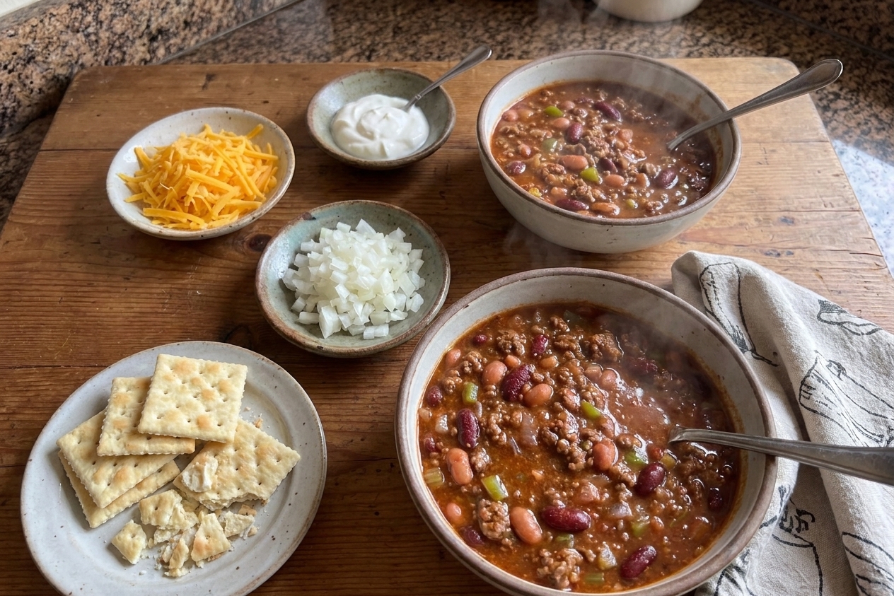 Bowls of chili on a table with small dishes of shredded cheese, diced onions, sour cream, and crackers set out for toppings