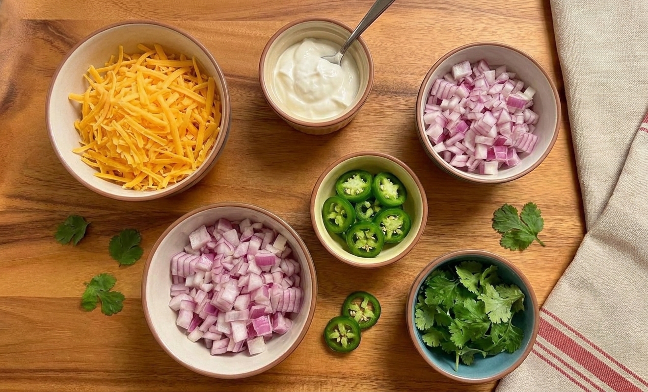 Bowls of chili toppings including shredded cheddar, sour cream, diced onion, jalapeño slices, and cilantro arranged on a wooden table