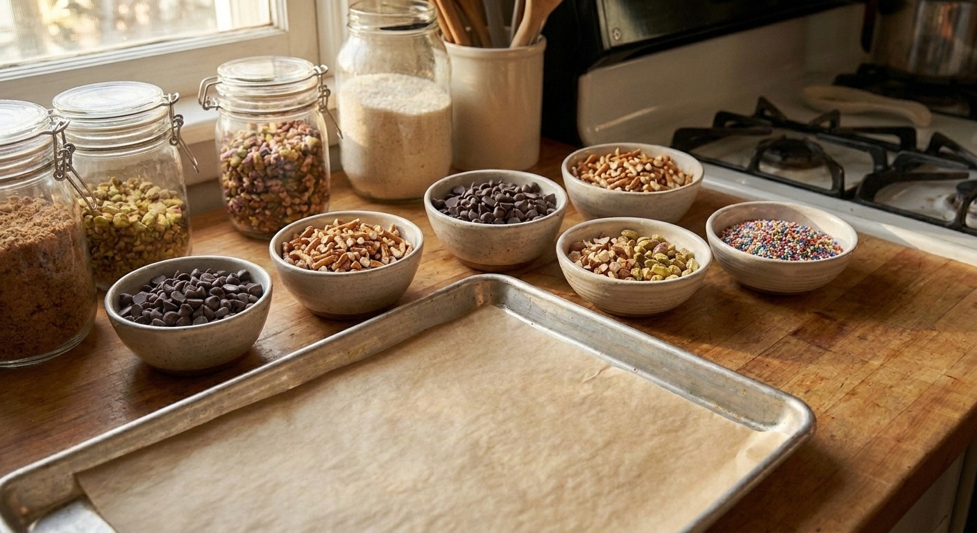 Bowls of chocolate chips, pretzels, crushed cookies, nuts, and sprinkles arranged on a clean kitchen counter with a sheet pan lined in parchment