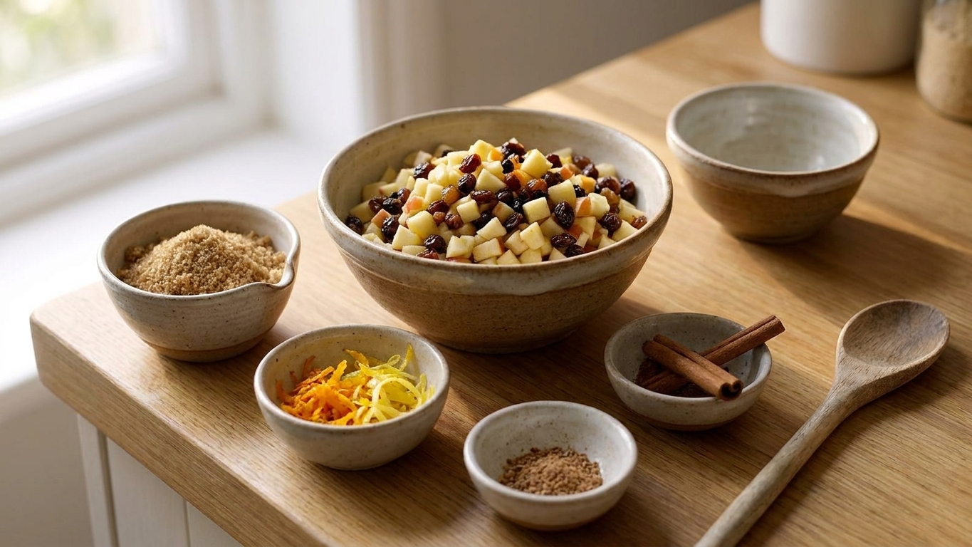 Bowls of chopped apples, raisins, currants, brown sugar, citrus zest, and spices arranged on a clean kitchen counter with a wooden spoon