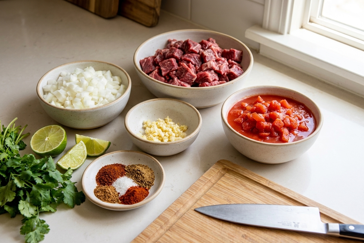 Bowls of chopped beef, diced onion, minced garlic, canned tomatoes, spices, lime, and cilantro arranged on a bright kitchen counter