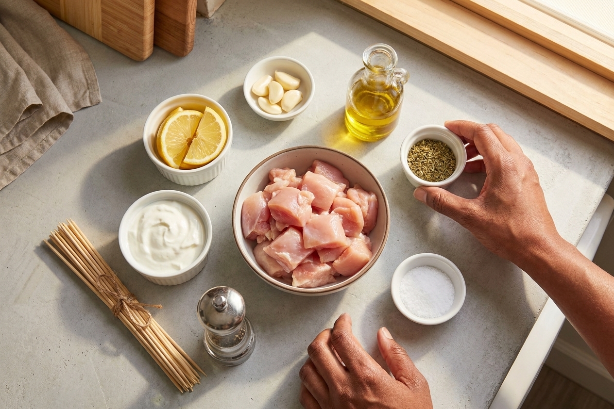 Bowls of chopped chicken, Greek yogurt, lemon, garlic, olive oil, oregano, salt, pepper, and wooden skewers arranged on a clean kitchen counter under warm natural light