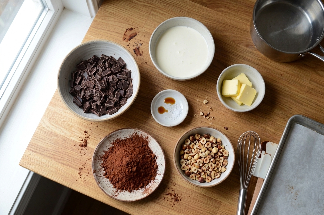 Bowls of chopped chocolate, heavy cream, butter, vanilla, salt, and assorted coatings like cocoa powder and chopped nuts arranged on a tidy kitchen counter in consistent warm lighting