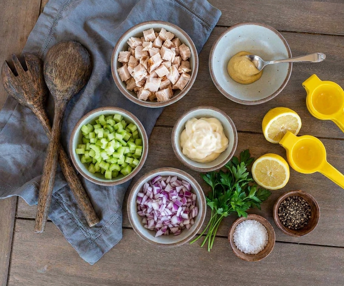 Bowls of chopped cooked turkey, celery, red onion, mayonnaise, Dijon mustard, lemon, parsley, salt, and black pepper laid out for turkey salad