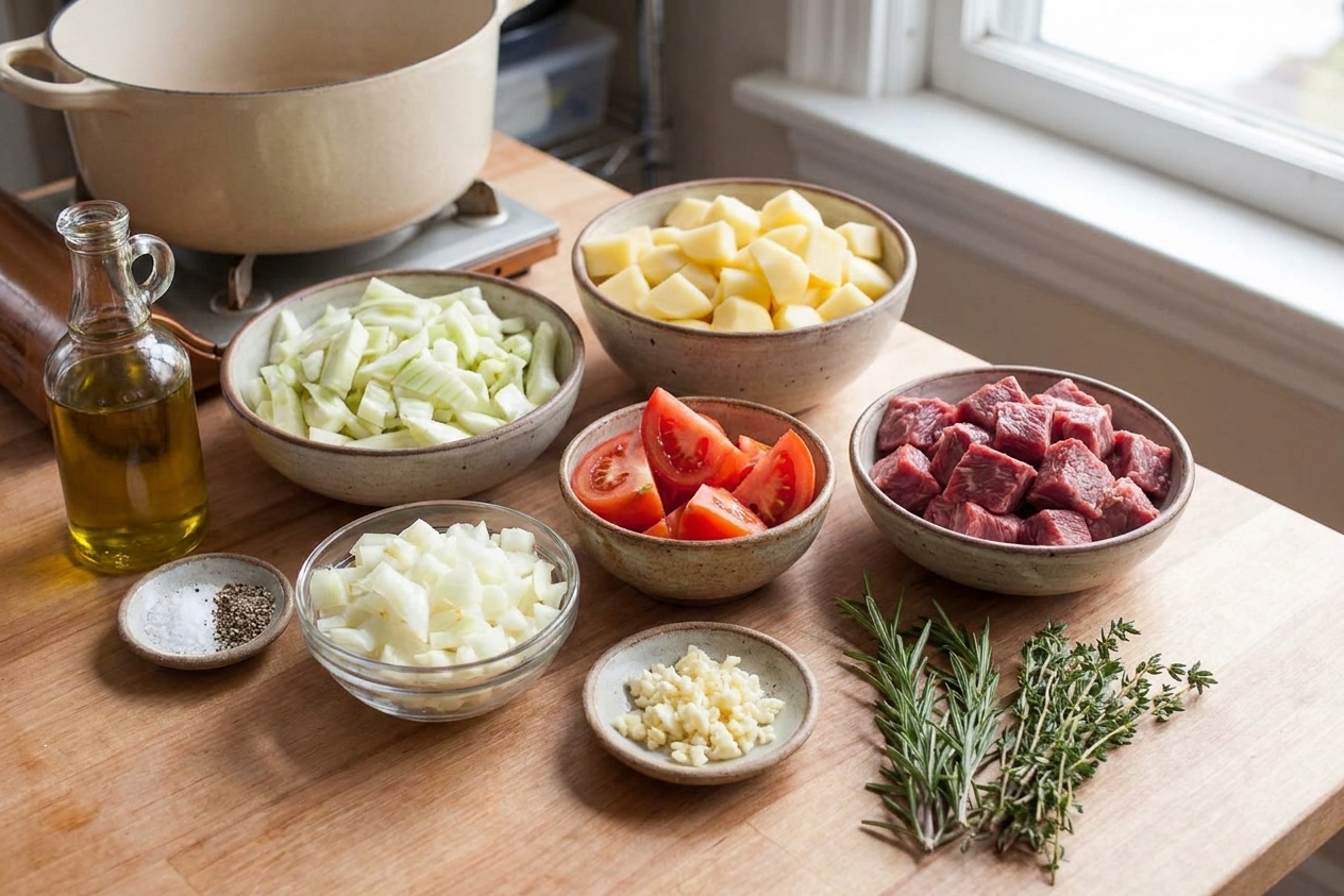 Bowls of chopped fennel, onions, garlic, tomatoes, potatoes, and cubed beef arranged on a light kitchen counter with olive oil and herbs nearby