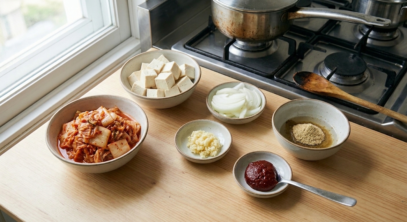 Bowls of chopped kimchi, cubed tofu, sliced onion, minced garlic, gochujang, and broth ingredients arranged on a tidy kitchen counter
