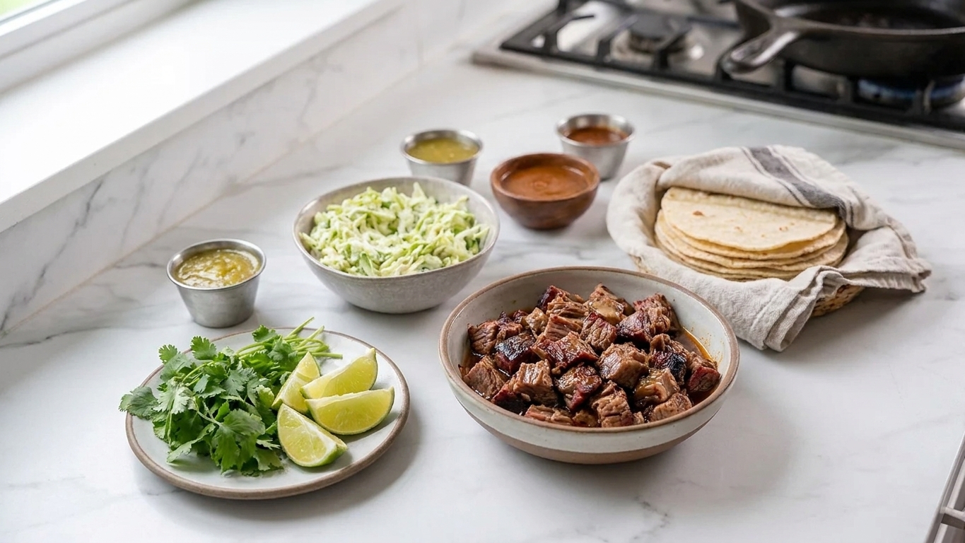 Bowls of chopped leftover brisket, shredded cabbage, cilantro, limes, tortillas, and small ramekins of sauce ingredients on a kitchen counter