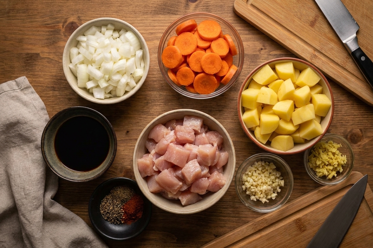 Bowls of chopped onion, carrots, potato chunks, diced chicken, garlic, ginger, and small bowls of soy sauce and spices arranged on a clean kitchen counter under soft warm lighting
