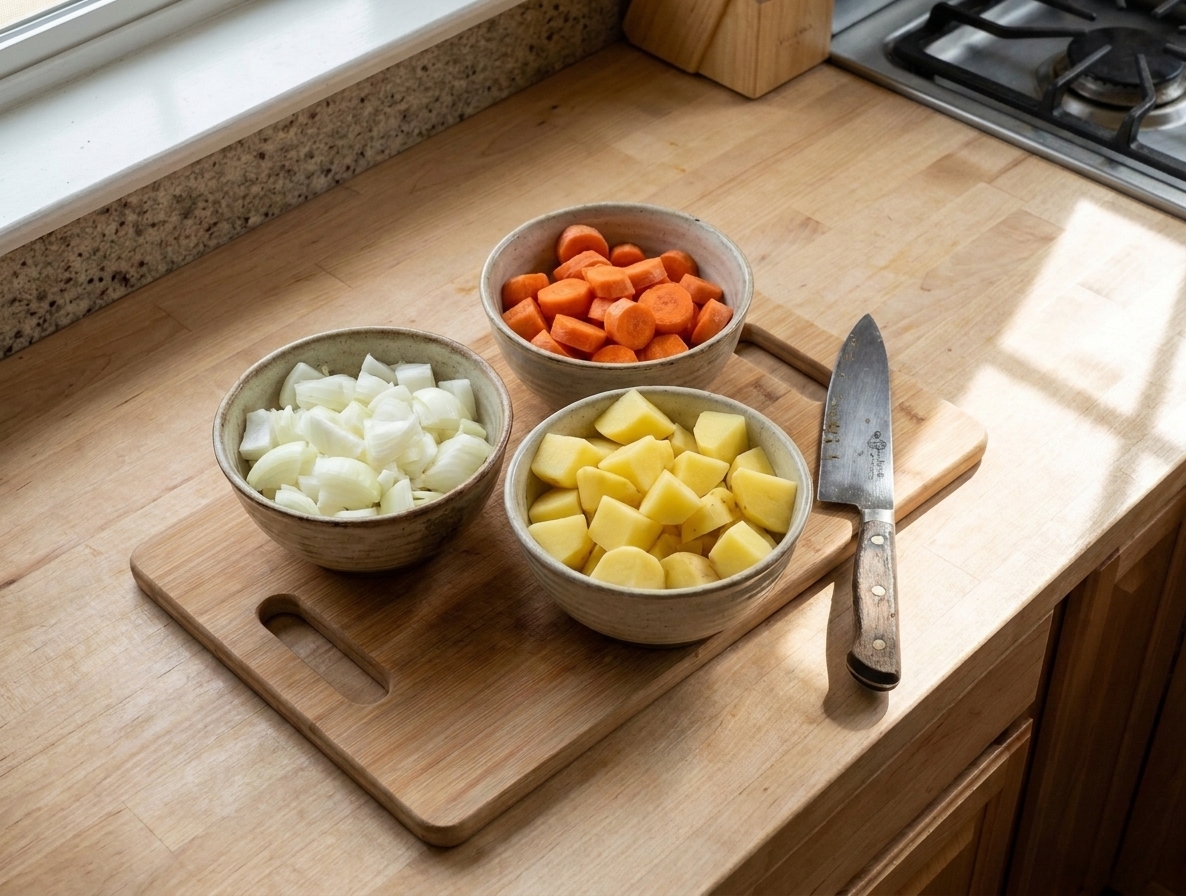Bowls of chopped onion, sliced carrots, and cubed potatoes prepped on a wooden cutting board