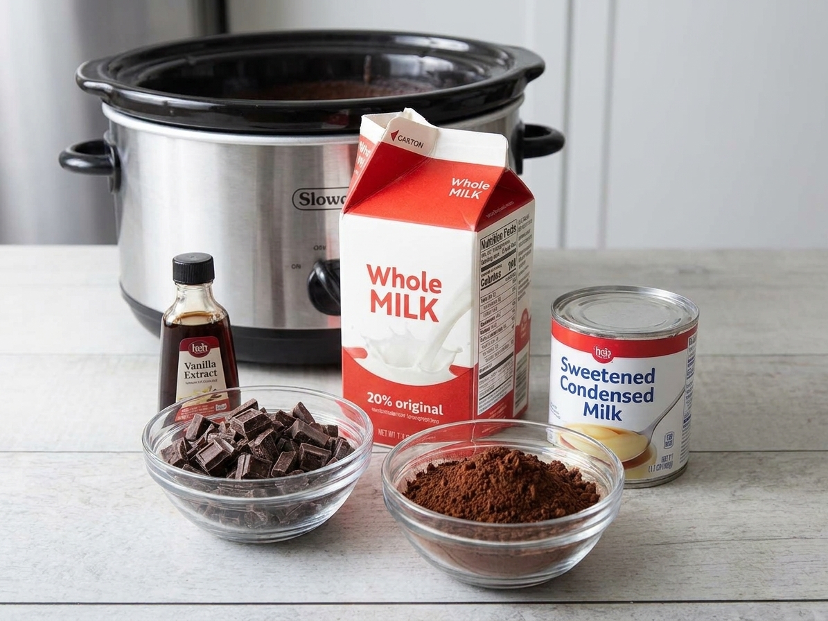 Bowls of chopped semi-sweet chocolate, cocoa powder, sweetened condensed milk, milk, and vanilla arranged on a tidy kitchen counter with a slow cooker in the background